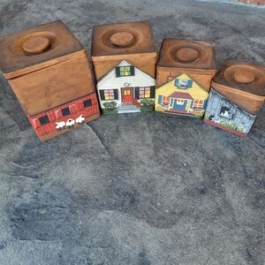 Vintage Mid- Century Nesting Box Joint Wood Hand- Painted Farmstead Canister Set